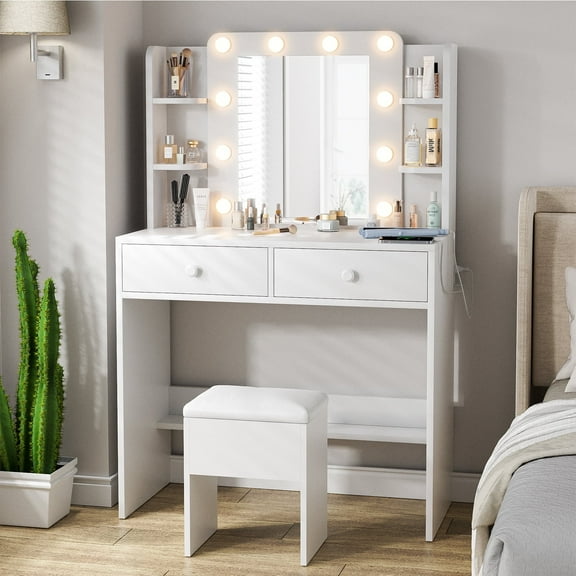 Haewon 33" White Vanity Desk with Mirror and Lights and Power Outlet, Makeup Vanity with Large Desktop & Drawers, Vanity Set with Stool for Bedroom