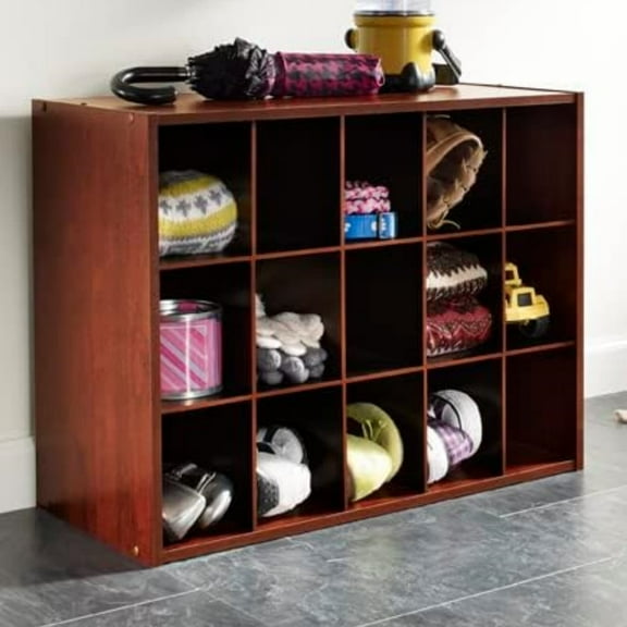 15 Cube Stackable Storage Organizer for Shoes, Bags, Crafts, Hobbies with Wood Shelves, for Closet, Entryway or Mudroom, Dark Cherry