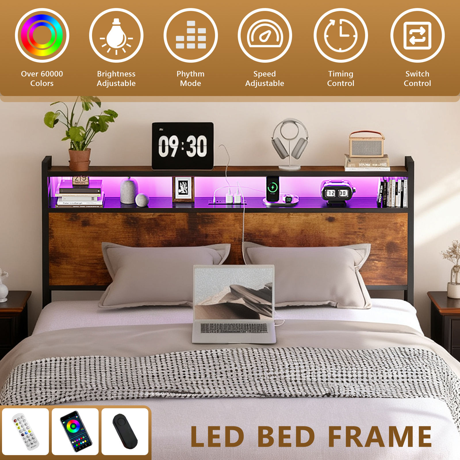 Ktaxon Queen Size Bed Frame with Charging Station & LED Storage Headboard, Metal Platform Bed Frame with 4 Underbed Drawers for bedroom, Vintage Brown