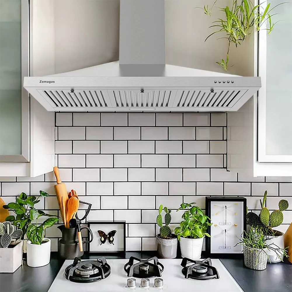 Range Hood 36-Inch Wall Mount Vent Hood Stainless Steel Ducted/Ductless 3 Speed Exhaust Fan