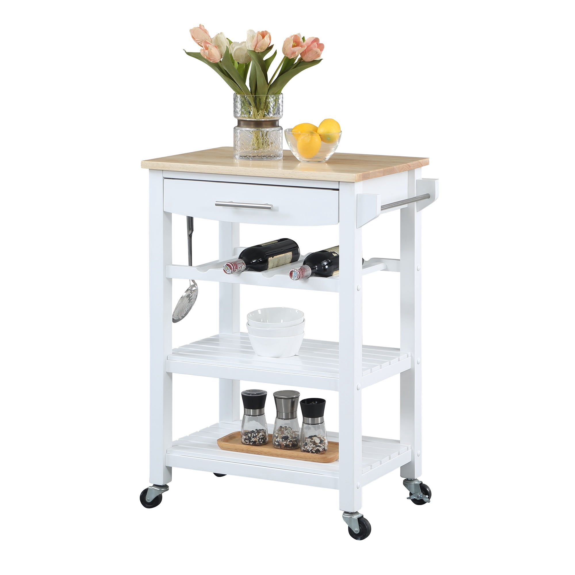 Convenience Concepts Ellaine 4 Tier Butcher Block Kitchen Cart with Drawer and Wine Rack, White/Butcher Block