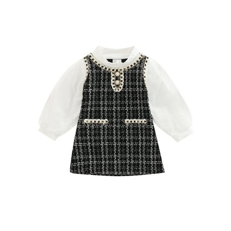 

Huakaishijie Baby Girls Fashion Dress Little Ladies Fake Two Piece Patchwork Long Sleeve Plaid Dress