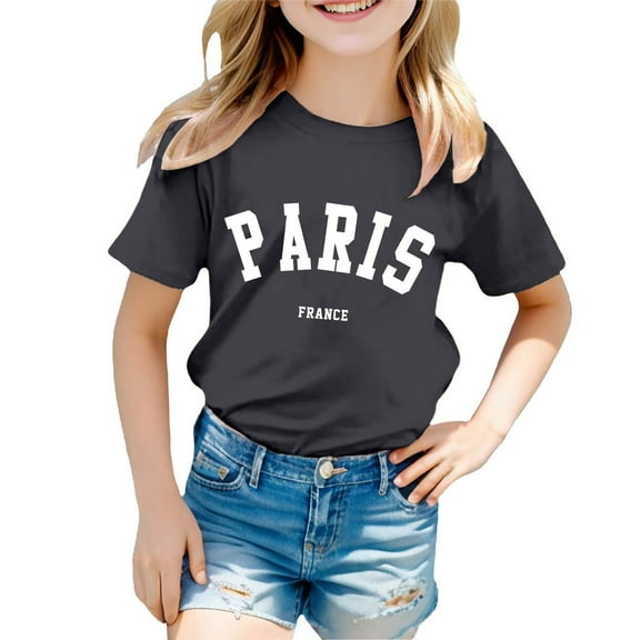 Kiijoy Girls T Shirt Paris Print Short Sleeve T-Shirt Casual Sports Tshirt, Sizes 3-4