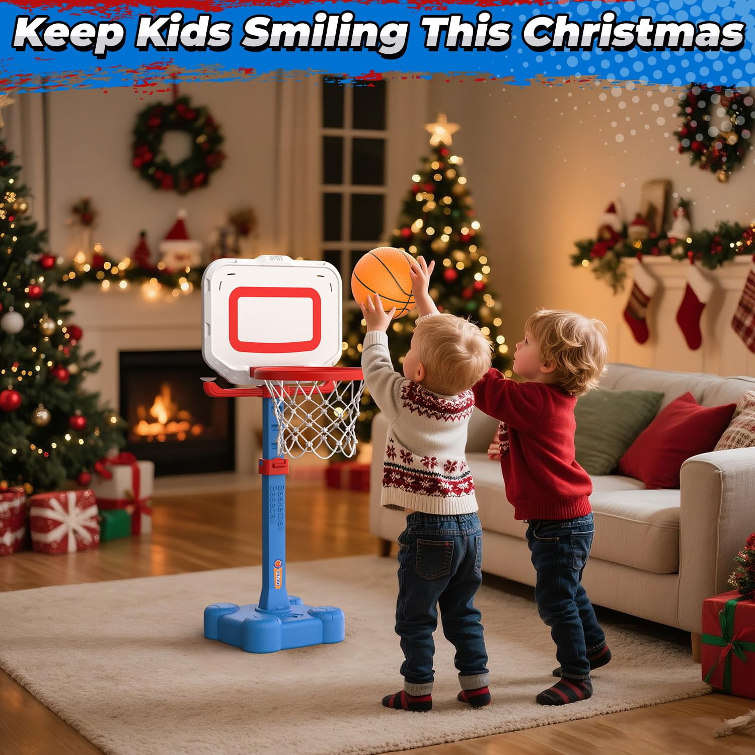 Lenbar 4-in-1 Toddler Basketball Hoop and T-Ball Set with Ring Toss Game, Adjustable Height, Indoor Outdoor Sports Toy for Boys and Girls Ages 3-8