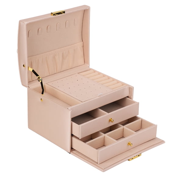 3 Layers Jewelry Case, Waterproof Elegant PU Leather Simple Wear Resistant Jewelry Box Pink For Rings Necklace For Women
