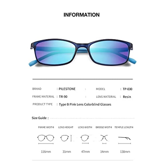 TP-030 Lens B Color Blind Glasses 10-Year-Old Kid Frame for Severe Red-Green Blindness Indoor/Ourdoor Use