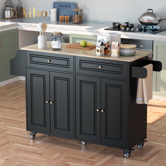 Aiho 45.5'' Kitchen Island Cart with Storage , Rolling Kitchen Island with Folding Drop Leaf Breakfast Bar for Dining Room, Black