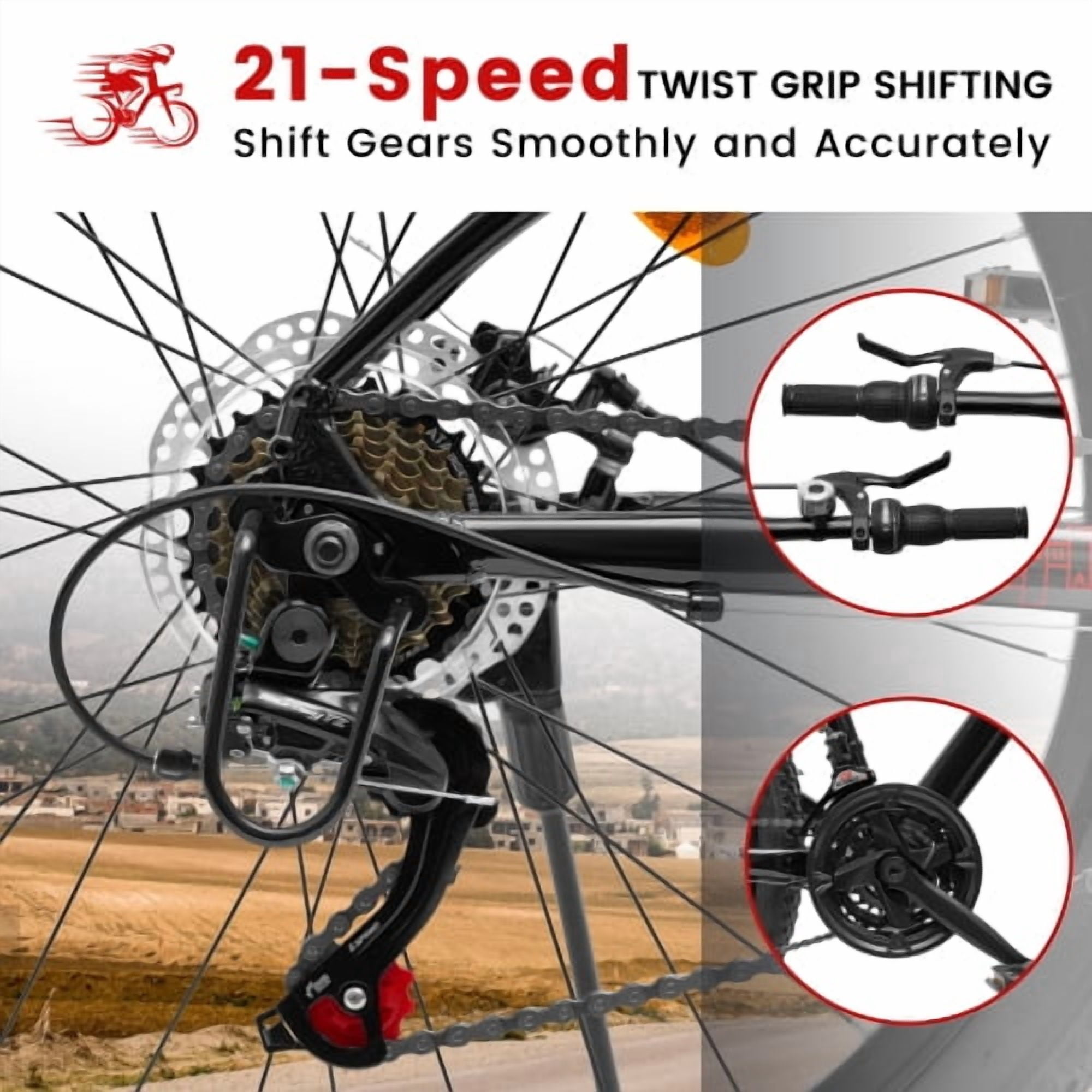 RAISTYW 24 inch Wheels Mountain Bike for Adult and Women, 21-Speed Steel Frame Bicycles with Shock Fork, Plus Shock Absorber, Black and Red