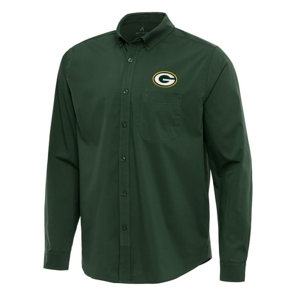 Men's Antigua Green Green Bay Packers Flight Woven Tri-Blend Long Sleeve Button-Down Shirt