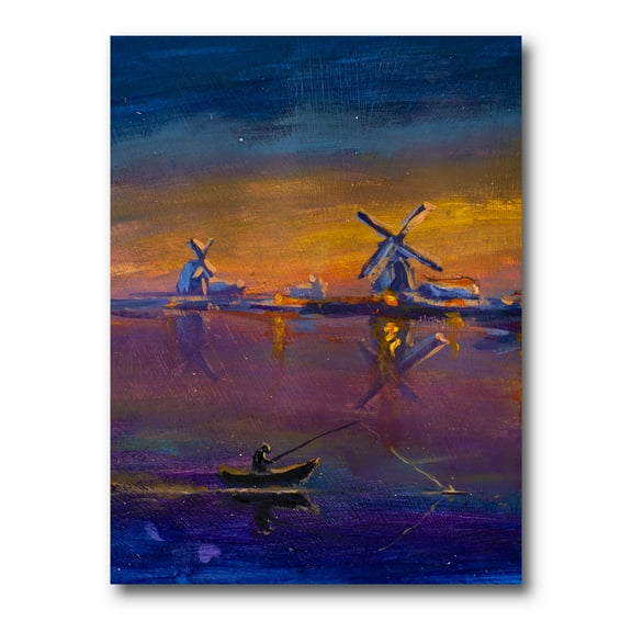 Designart ' Evening Fishing Near The Traditional Windmill ' Nautical & Coastal Canvas Wall Art Print