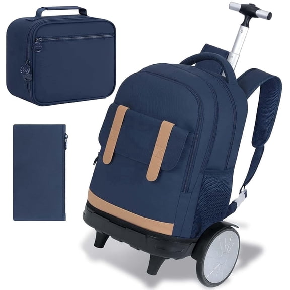 Rolling Backpack for Men & Women with Big Quiet-Glide Wheels, 3-in-1 Wheeled Commuter Set with Lunch Bag | Water-Resistant Roller Bookbag for Work, School, Travel - Blue