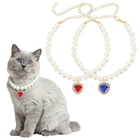 Uxcell Cat Dog Pearl Collar Small Heart Shape Rhinestone Cute Cat Collar Necklace Adjustable (M Blue/Red 2Pcs ) for Wedding Party Pet Jewelry Accessories Puppies Kitten