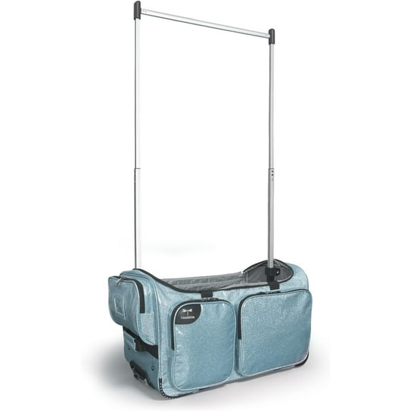 Dance Bag with Garment Rack, 23 Inch Rolling Duffel With Wheels, Ideal for Competitions & Travel, Easy-assembly Lightweight Aluminum Clothes Rack (Glitter Blue)