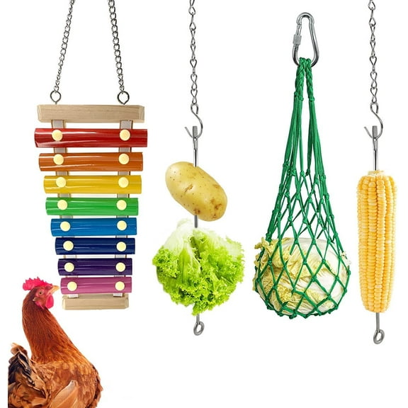 4PCS Chicken Coop Toys-Chicken Xylophone Toy Chicken Veggies Fruit Skewers Lettuce String Bag Hanger Chicken Treats Holder for Hens Roosters Chicks