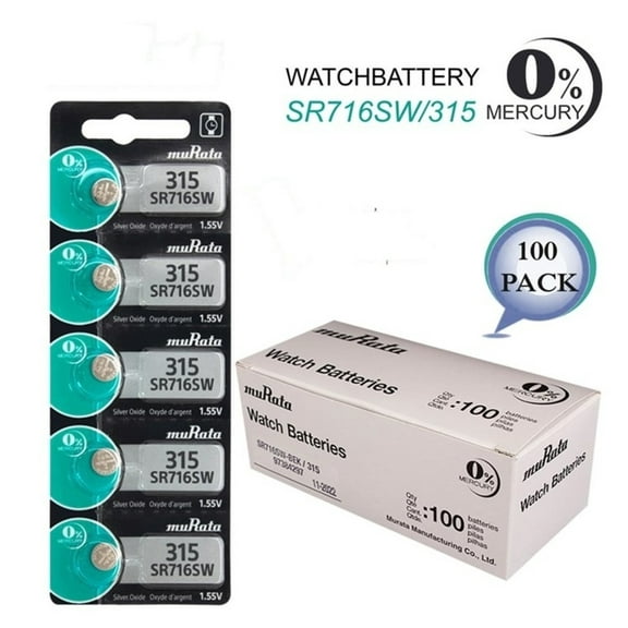 Murata 315 (SR716SW) 1.55V Silver Oxide 0% Hg Mercury Free Watch Battery (100 Batteries)