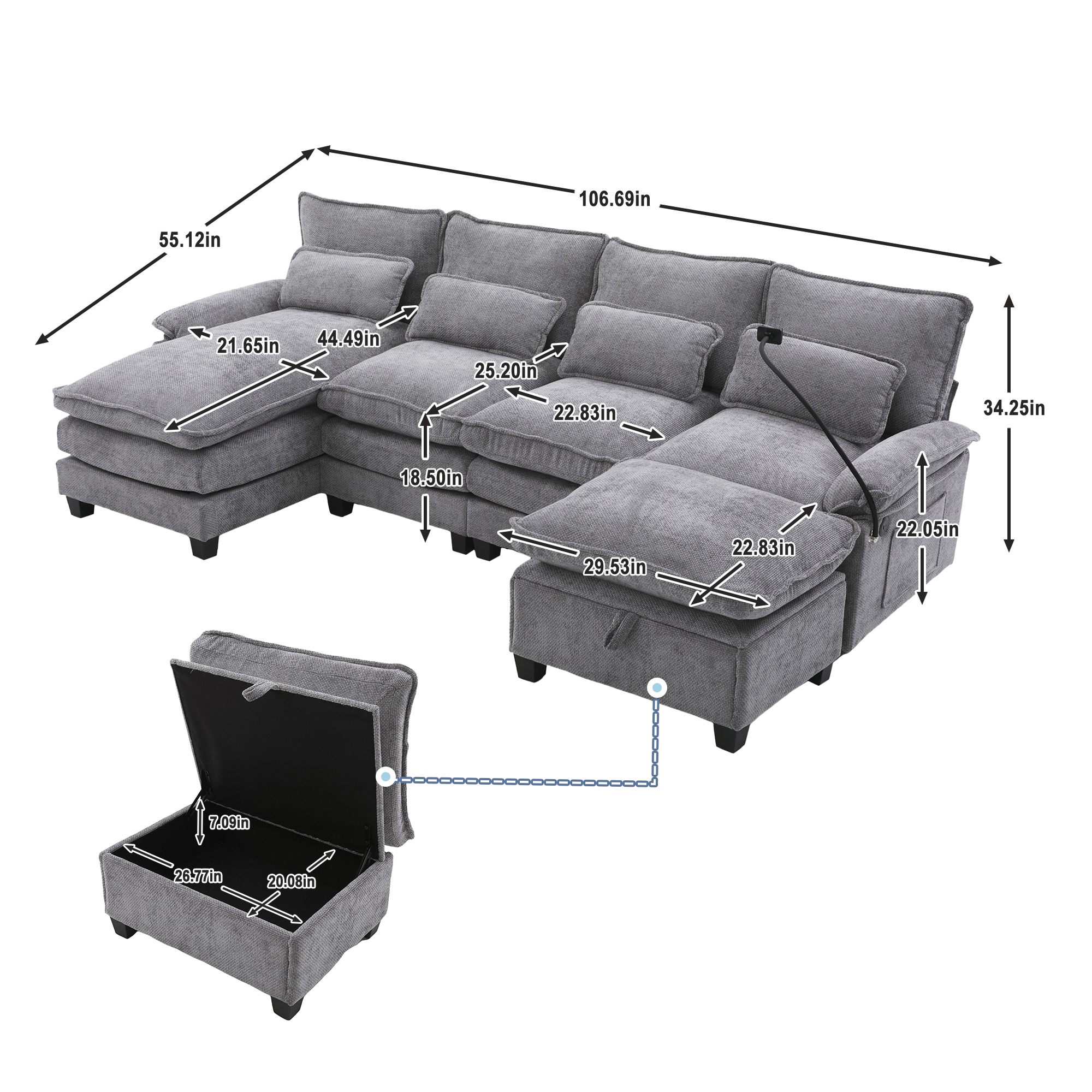 MOONMISS Chenille Upholstered Oversized U-shaped Comfy Modular Sectional Sofa with Storage Ottoman-Light Gray