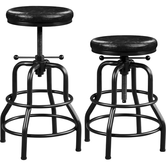 Industrial Counter Height Adjustable Bar Stools Vintage with Round Faux Leather Seat Metal Kitchen Bar Stool 21.5-28 Inch Tall Black, 2PCS
