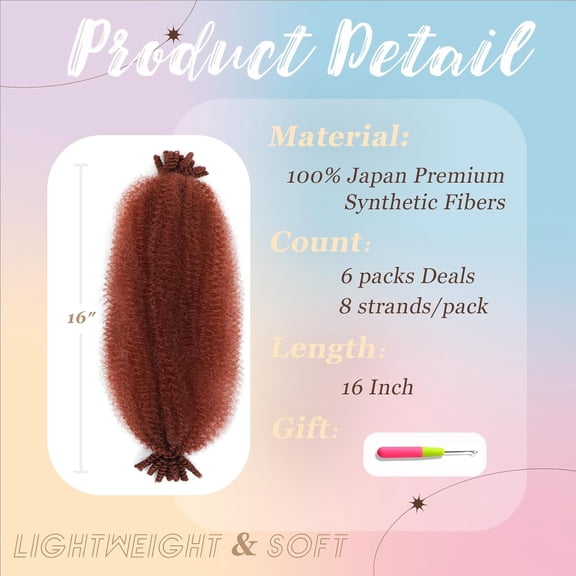 WEIF-Spring Afro Twist Hair, 16 Inch Springy Marley Twist Braiding Hair Pre-Separated 6 Packs Spring Twist Afro Kinkys Bulk Hair for Soft Locs Crochet Hair Extensions for Black Women (350#, 16inch