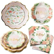 Kate Aspen Baby Shower Onesie Pink Floral & Gingham Tableware Set - 62pc. 16pcs 7 inch & 16pcs 9 inch Heavy Duty Disposable Party Plates, 30pcs 6.5 inch Durable Paper Napkins
