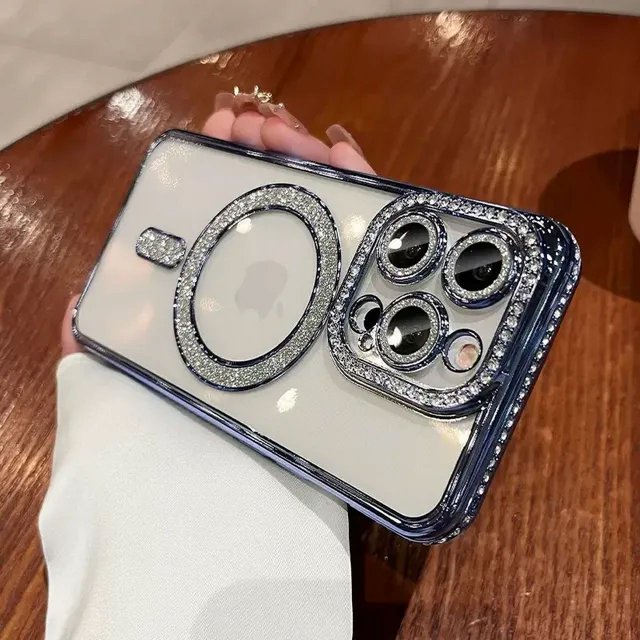 Luxury Diamond Transparent Magnetic Case For iPhone 15 14 13 12 11 Pro Max Plus For Magsafe Cases Shockproof Cover Accessories
