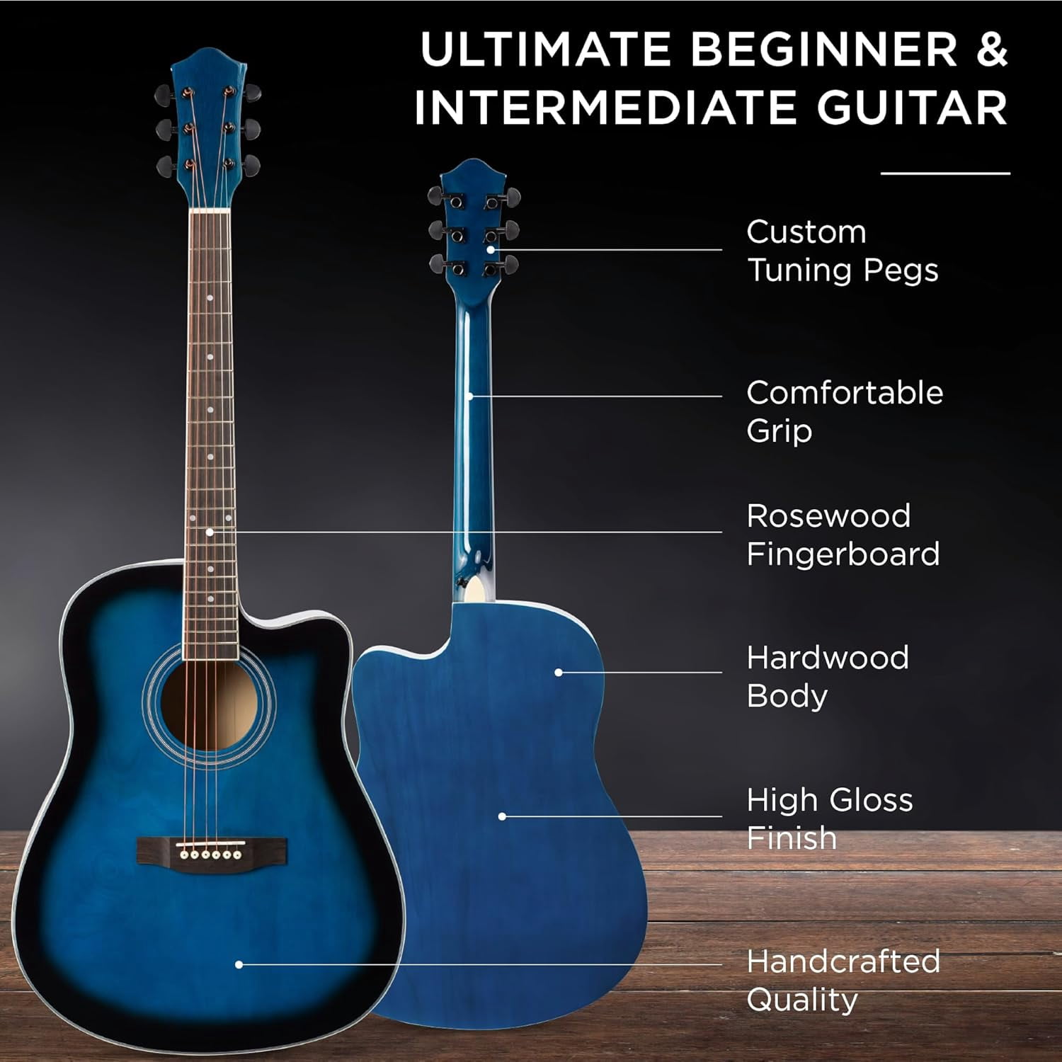 HarmonyStrings 41in Beginner Acoustic Guitar Full Size All Wood Cutaway Guitar Starter Set w/Case, Strap, Capo, Strings Blue