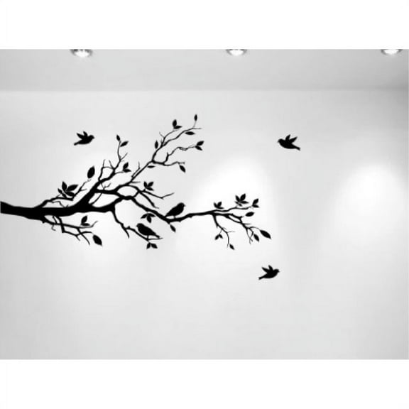 Tree Branches Wall Decal Love Birds Vinyl Sticker Nursery Leaves 56 Wide X 28 High (Left to Right Matte Black)
