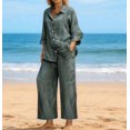 thumbnail image 7 of Amzcrzy Two Piece Sets for Women 2026 Solid Color Spring Outfits V Neck Button Down Shirt with Roll Tab Sleeves Wide Leg Pants Lounge Sets with Pockets Dressy Casual Loungewear Sets Gray M, 7 of 7
