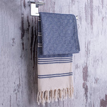 (Set of 2) Certified 100% Organic Cotton & Organic Dye Prewashed Diamond Weave Turkish Hand Face Gym Towel, 18x36 Inches (Navy)
