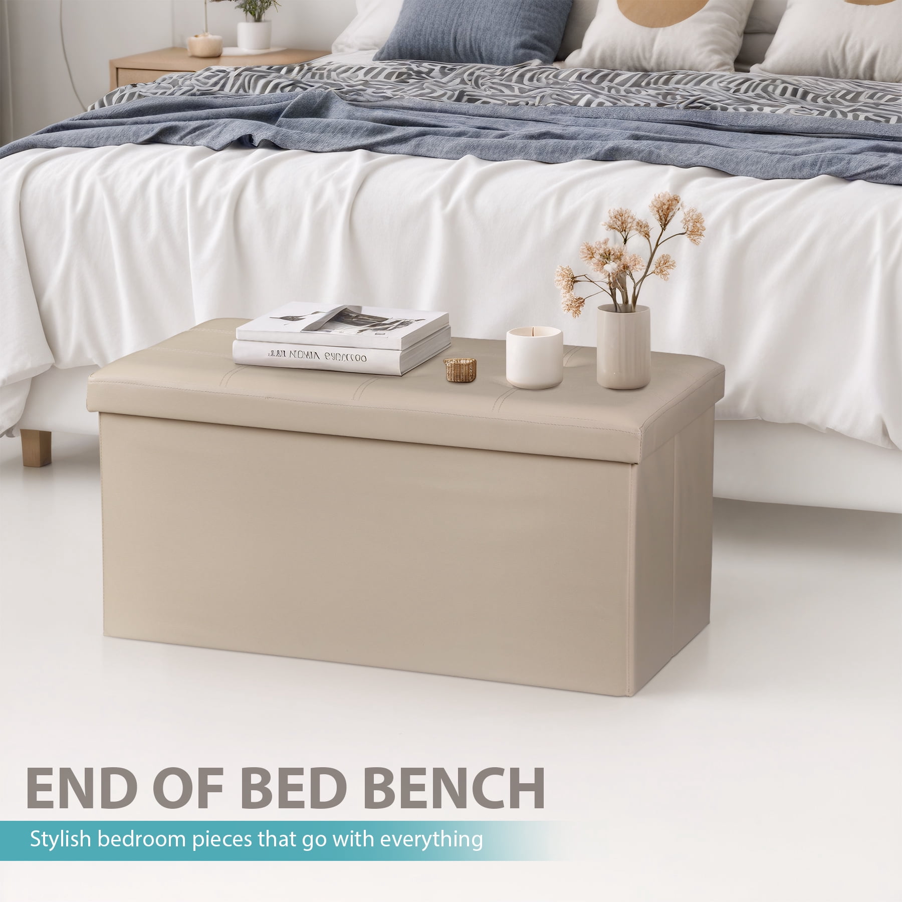 HomGarden 30'' Leather Storage Ottoman Bench Modern Foldable Footrest Padded Seat 350lbs Beige