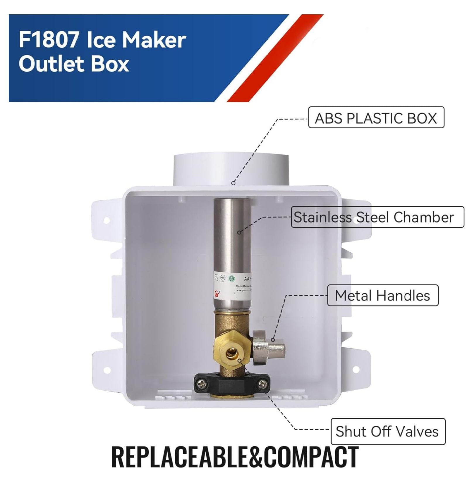 Icemaker Outlet Box with Water Hammer Arrestor,1/2 Inch Crimp PEX Inlet and 1/4 Inch OD Compression Outlet Connection Ice Maker Boxes,Refrigerator Water Line Kit