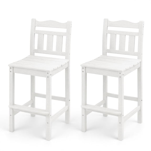 Outdoor Bar Stools Set of 2, HDPE Adirondack Bar Height Chairs with Backrest, 27.5" Seat Height, All-Weather Patio Bar Chairs for Balcony, Deck, Poolside, Bistro & Backyard (White)