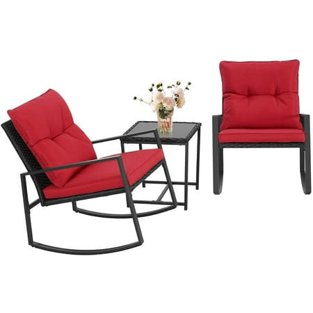 SOLAURA 3-Piece Patio Furniture Outdoor Bistro Set with Patio Black Wicker Rocking Chairs and Glass Coffee Table - Red
