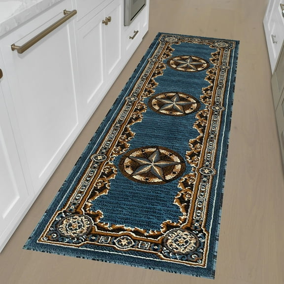 HR Texas Star Rug 2x7 Runner Traditional Accent Rug in Blue with Chocolate Rug 1.11 x 6.11