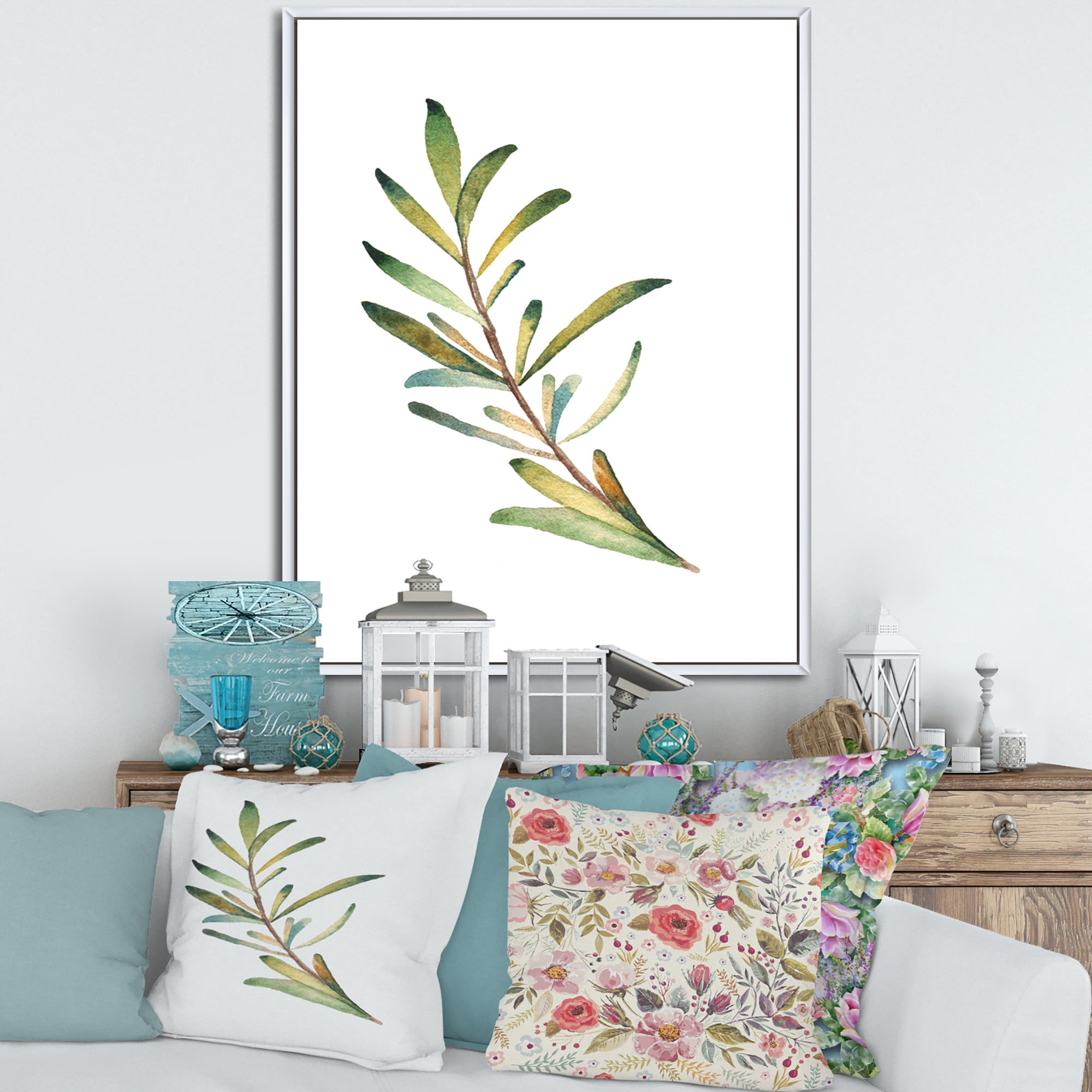 Designart 'Leaf Rosemary Branch on White' Traditional Framed Canvas Wall Art Print