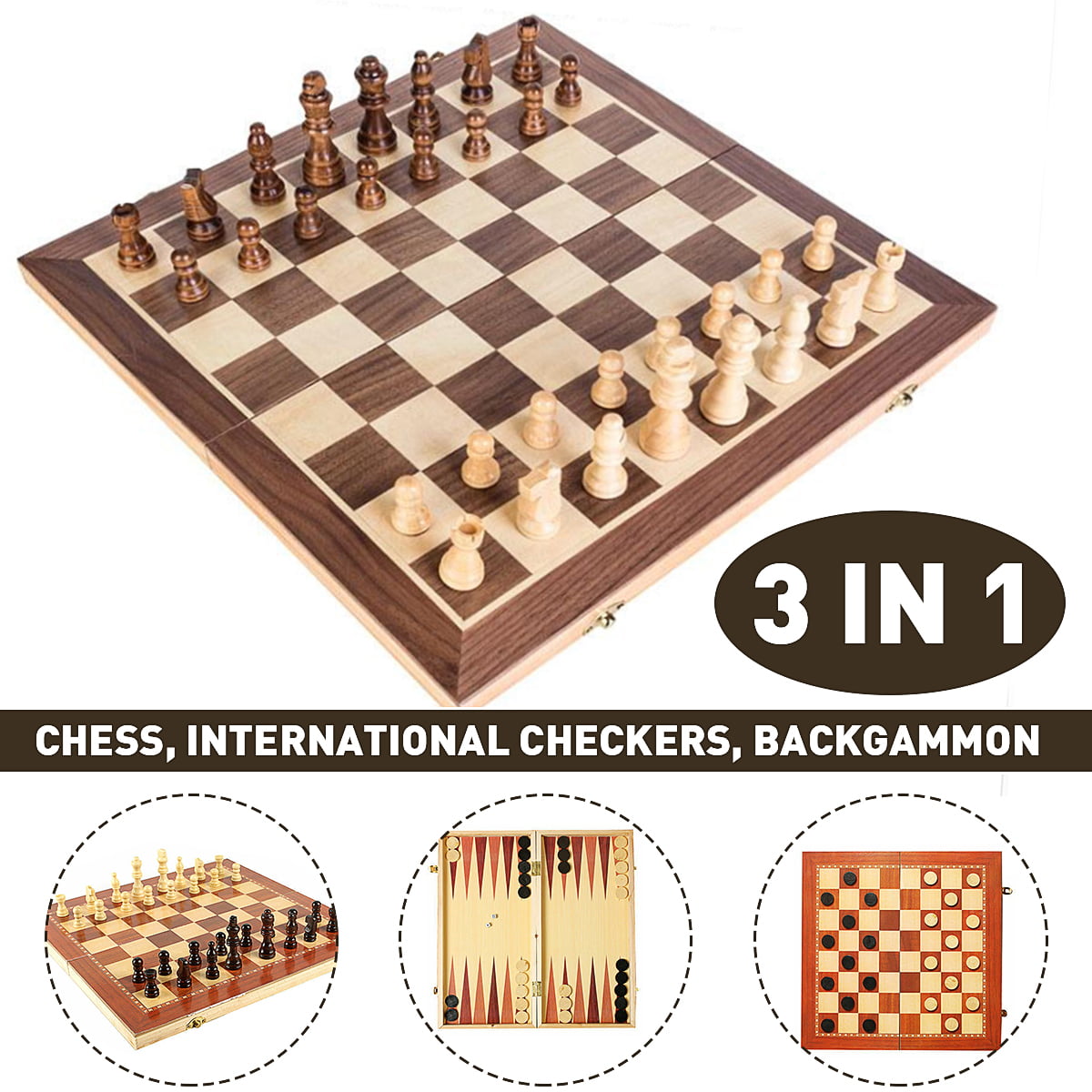 3in1 Large FOLDING WOODEN CHESS SECT  Board Game Checkers Backgammon Draught SE