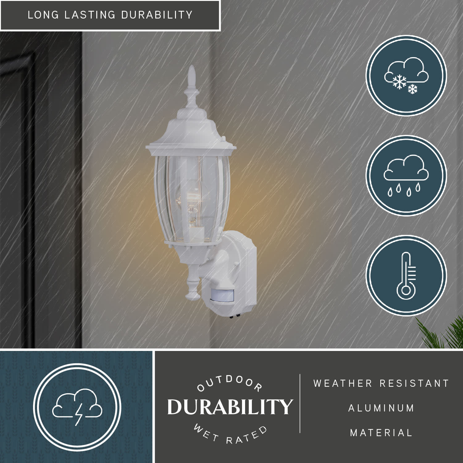 Rogers Park Aluminum 6.25-in. W 1 Light White Motion Sensor Dusk to Dawn Outdoor Wall Lantern Clear Glass