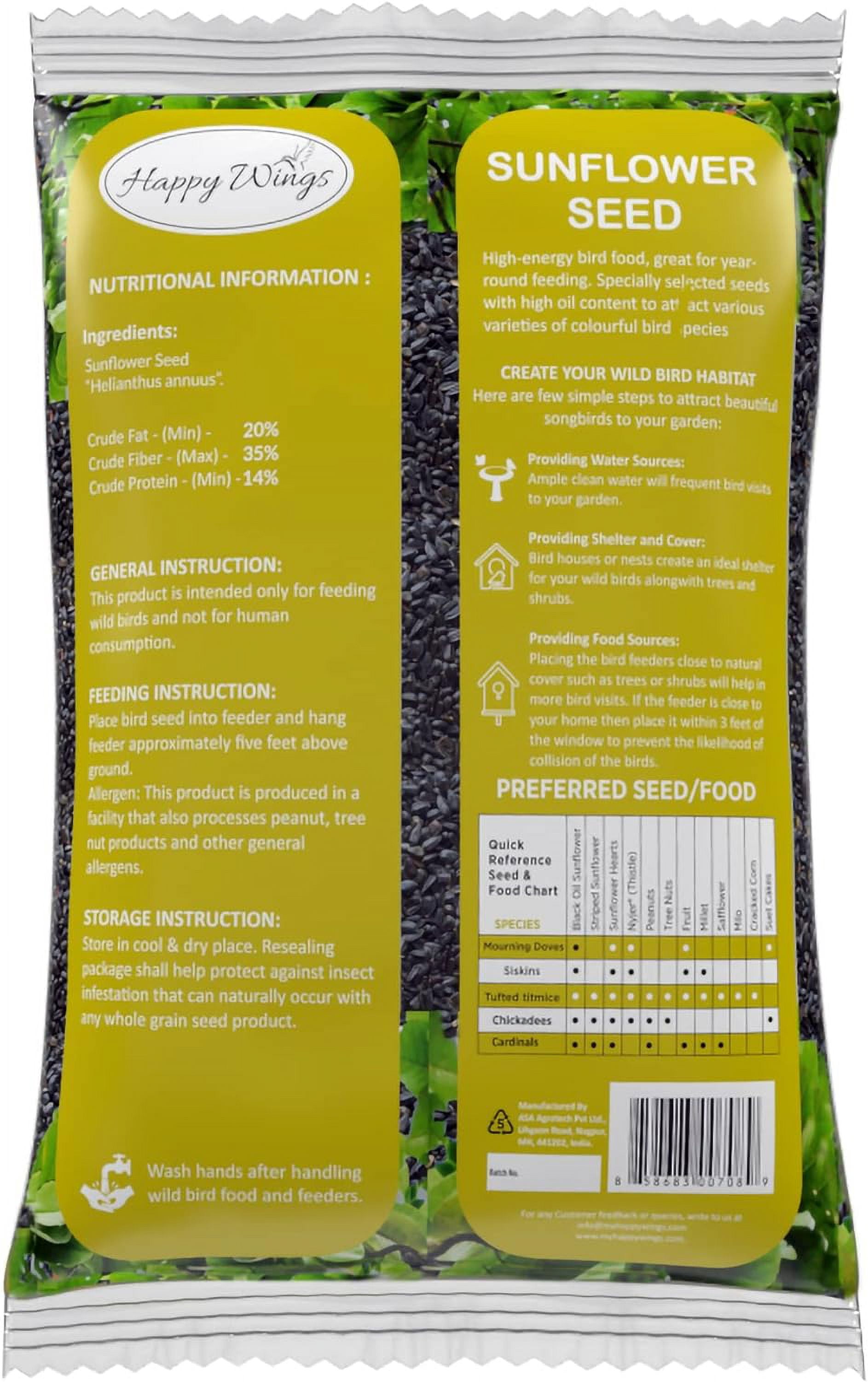 Happy Wings Black Oil Sunflower Bird Food, No Growth BirdSeed, New 5 lb. Bag