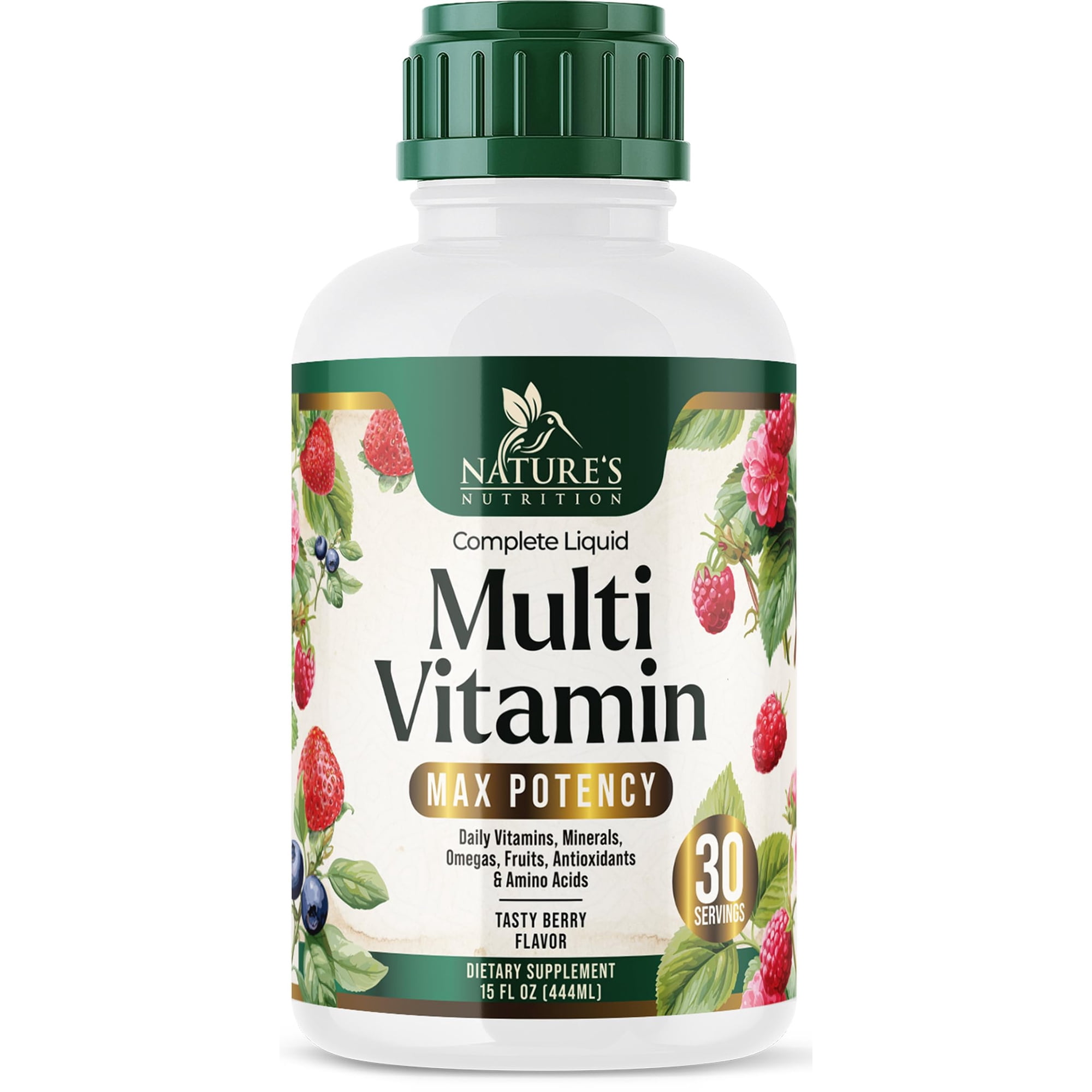 Liquid Multivitamin - Sugar Free Daily Multi Vitamin for Women, Men & Kids, Vitamins A, C, D, B-12, Biotin & Zinc - Supports Faster Hair Growth & Skin Wrinkles, Vegan, Non-GMO, Berry Flavor, 15 Fl Oz