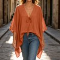 thumbnail image 7 of VBVC Women's Cotton Linen V Neck Tie Front Tunic, Ladies' Loose Batwing Sleeve Blouse, Casual Asymmetrical Vacation Top For Women, Orange , S-2XL, 7 of 7