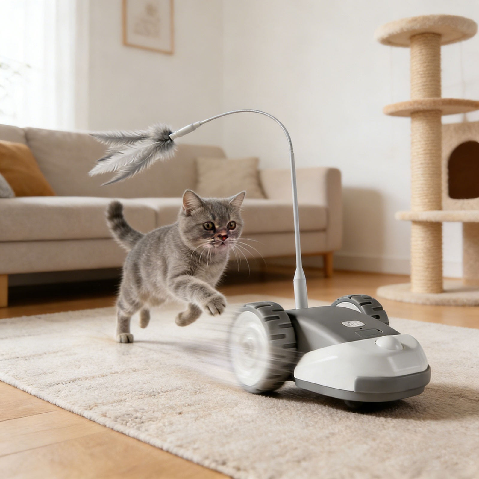 3-in-1 Interactive Cat Toy - 2-Speed Automatic Moving Mouse Cat Toys Self Play with Hanging Feather String Ribbon and Wiggly Silicone Mice Tail for Bored Indoor Adult Cats Kittens