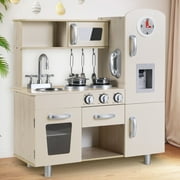 Arlopu Play Kitchen for Kids, Wooden Kitchen Playset Toddler Interactive Toy with Sounds & Lights, Telephone, Water Dispenser & Cookware Accessories