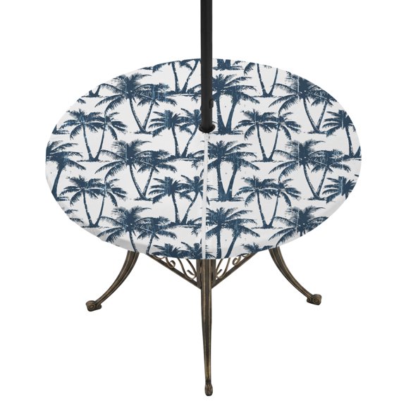 Round Outdoor Tablecloth with Umbrella Hole and Zipper, Navy Blue Palm Tree Tablecloth with Elastic Waterproof, Coastal Trees Summer Tropical Botanical Patio Table Covers for 36" - 44" Pool Tables