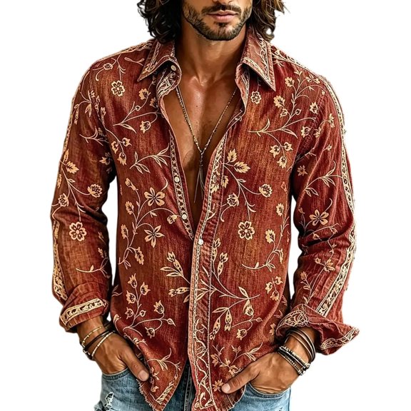 Men's Long Sleeve Button Down Shirt Casual Floral Pattern Vintage Shirt Bohemian Holiday Vacation Top Shirt