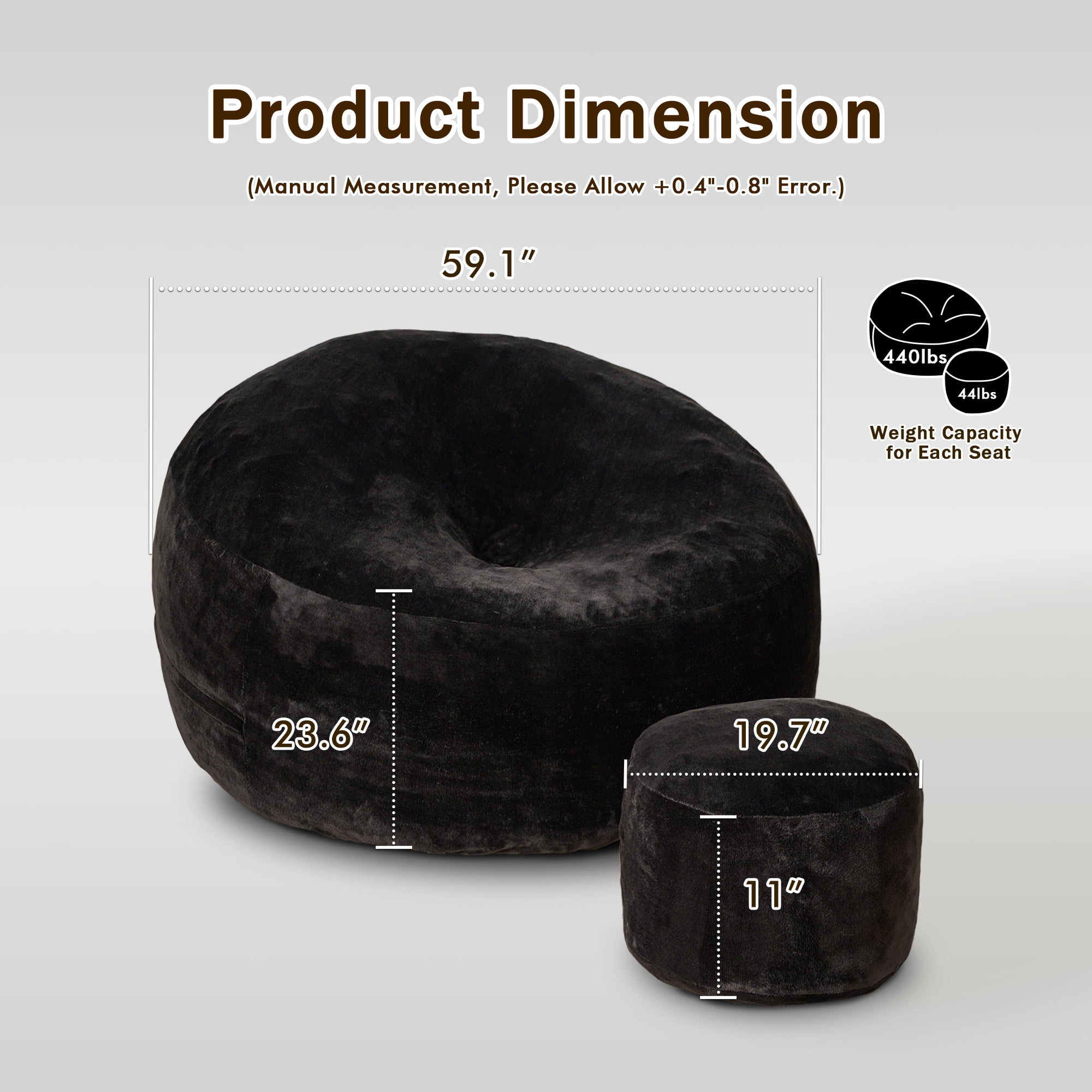 Vcatnet 59" Oversized Bean Bag Chair for Adults with Ottoman Giant Bean Bag Sofa Couch with Memory Foam Upholstered Lazy Floor Sofa for Living Room Bedroom, Black