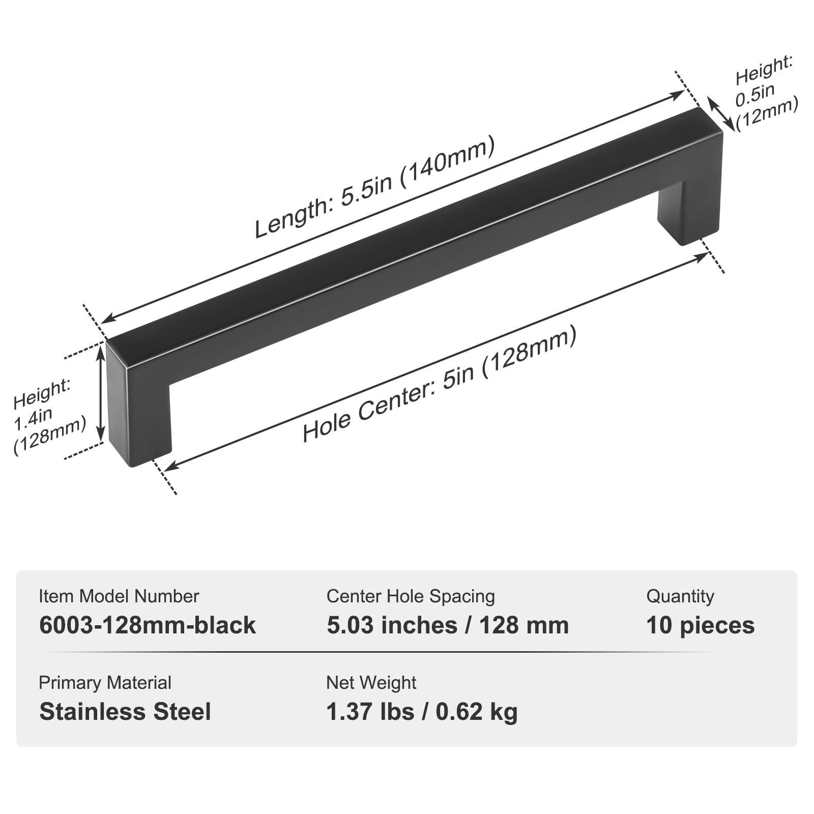 VEVOR 10 Pack Stainless Steel Kitchen Square Cabinet Handles Pulls 5.03in / 128mm
