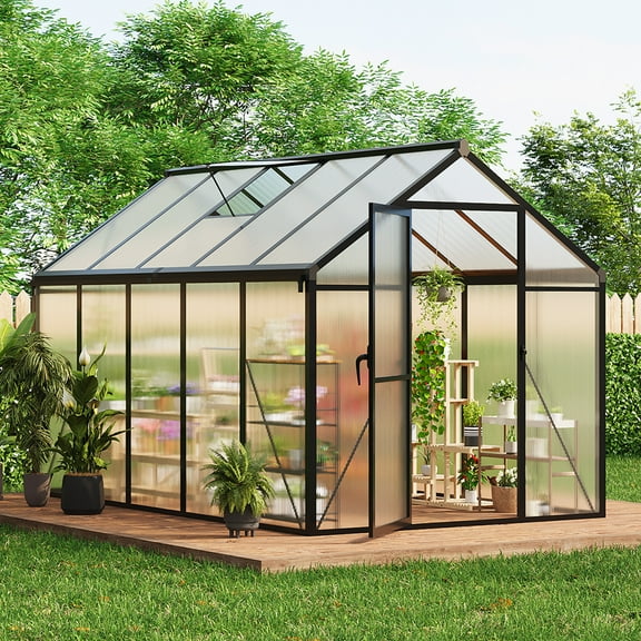 Amkui Large Aluminum Walk-in Green Houses for Outdoors, Polycarbonate Greenhouse with Sliding Doors & Roof Vent, Sunroom Winter Greenhouse for Outside Patio, Backyard, Garden