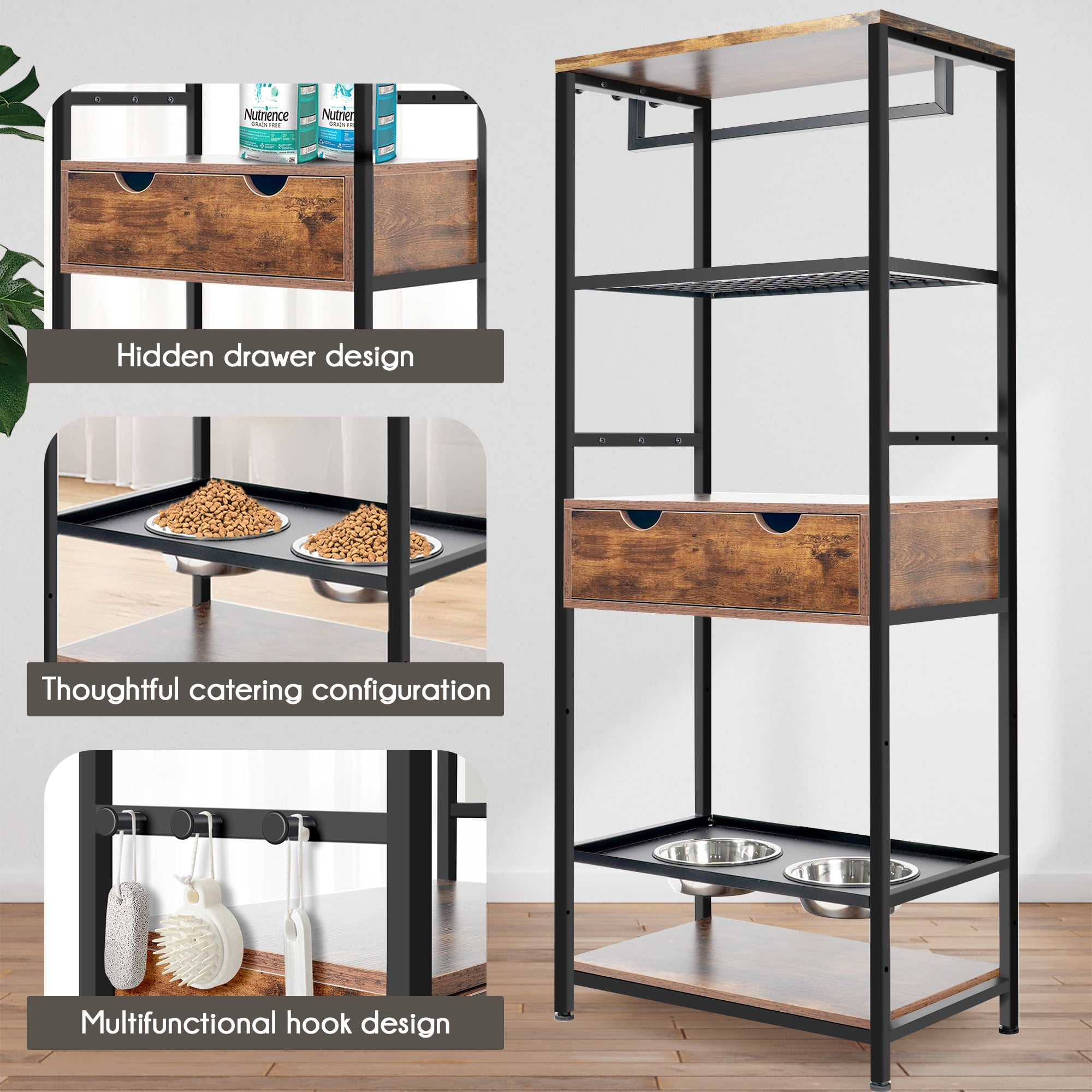 YANSHE Modern Dog Feeder Station Furniture, 3 Adjustable Heights Raised Dog Bowls Stand With 2 Stainless Steel Bowls, Multiple Shelves And Hooks, For Large Medium Dogs Cats