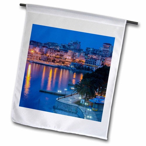 3dRose, Albania, Albanian Riviera, Saranda, hotels along the Ionian Sea, dawn, 12 x 18 inch Garden Flag