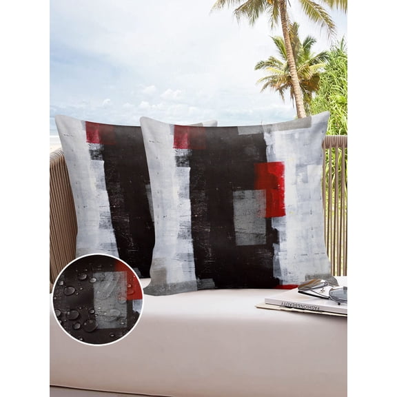 Outdoor Throw Pillow Cover Geometric Modern Painting Art Waterproof Cushion Covers 2 Pack Abstract Red Gray Black Color Block Pillow Cases Home Decoration for Patio Garden Couch Sofa