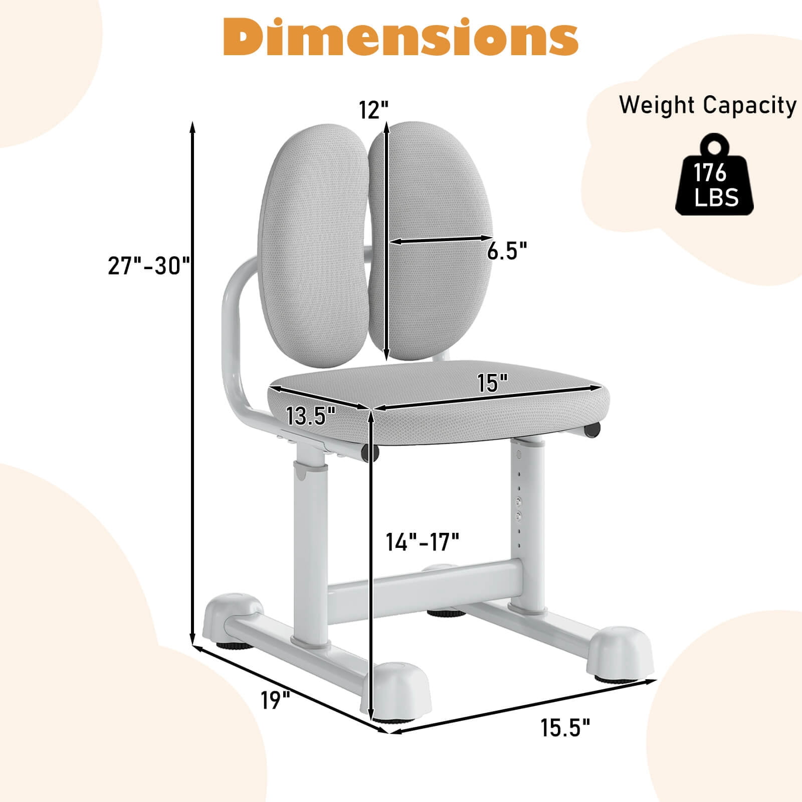 Costway Kids Desk Chair with Double Back Support Adjustable Height Upholstered Computer Chair Gray